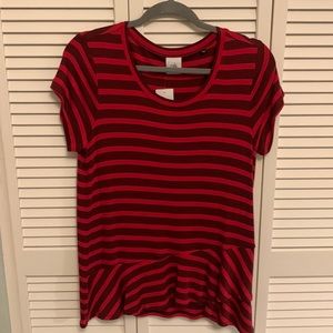 New CAbi tee shirt, size small, in brown/red stripes, small flounce @ hem